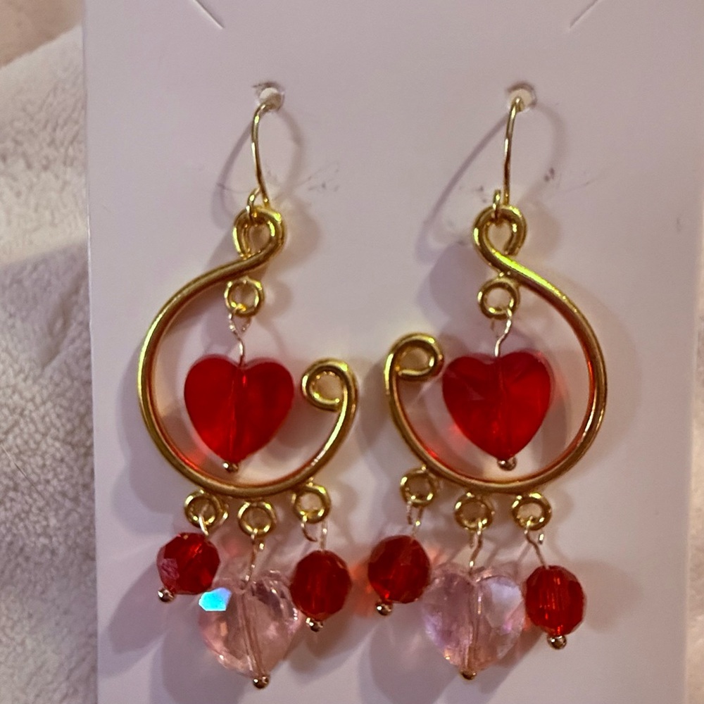 Red and Pink Glass Heart Dangle Earrings with gold plated findings